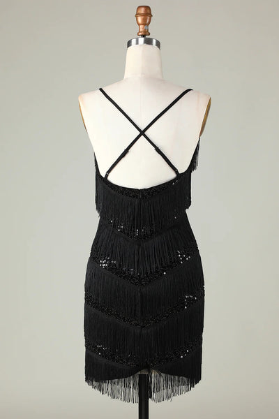 Sparkly Black Sequins Beaded Tight Short Homecoming Dress with Fringes MD091708