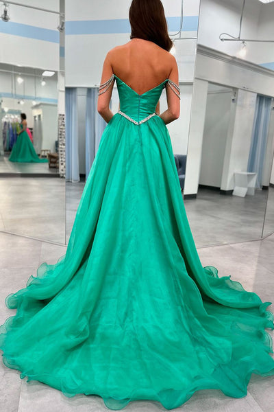Chic Green Organza Beaded Straps Long Prom Dress MD4053103