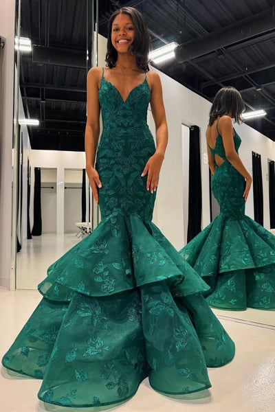 Emerald Appliques V-Neck Trumpet Long Gown MD4010901