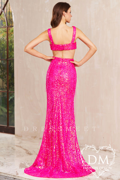 Fuchsia Sequins V Neck Mermaid Long Prom Dress with Fringe MD122403