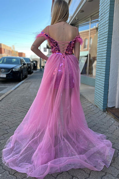 Pink Cut Glass Mirror Cold-Shoulder Short Party Dress with Attached Train MD093009