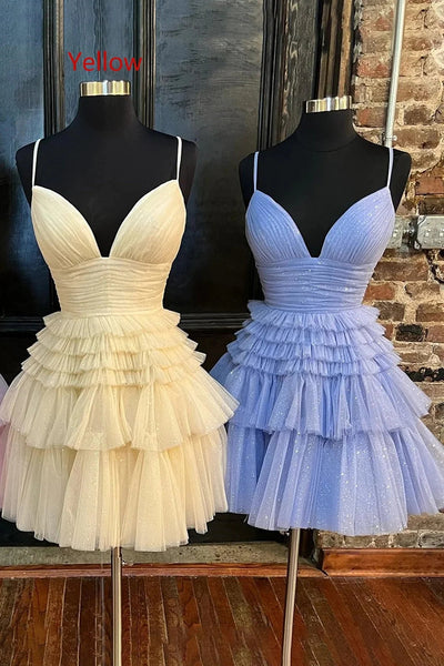 Sparkly Light Blue A-Line Tulle Tiered Short Homecoming Dress MD090303