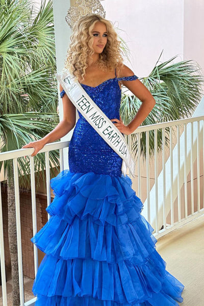Mermaid Off the Shoulder Royal Blue Sequins Long Prom Dresses MD4010305