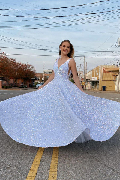 Shiny White Sequins A-Line V-Neck Formal Evening Dresses Long Prom Dresses MD100408