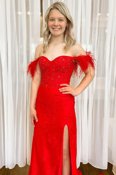 Off the Shoulder Red Corset Prom Dress with Slit DM3082828
