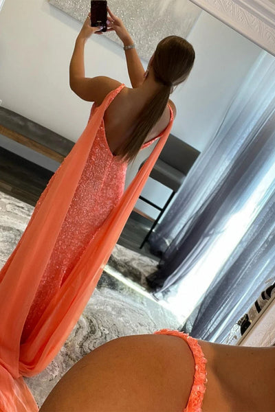 Orange Watteau Train Sequins Long Prom Dress MD100804