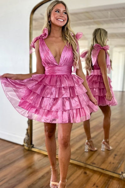 Cute A Line V Neck Pink Organza Short Homecoming Dress with Bow MD4052106