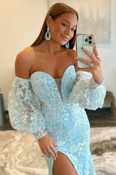 Light Blue Lace Strapless Puff Sleeve Long Prom Dress MD092705