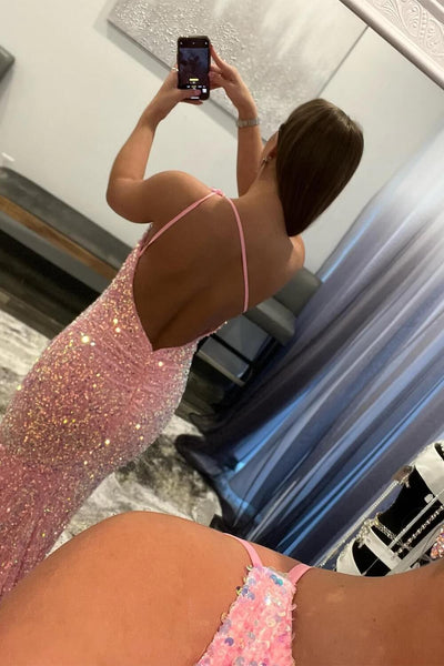 Mermaid One Shoulder Pink Sequins Long Prom Dresses MD091510