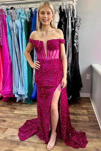 Magenta Sequin Mesh Off-the-Shoulder Long Prom Dress with Slit MD121606
