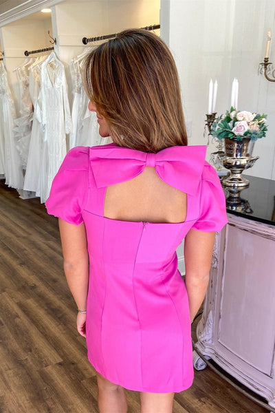 Hot Pink Satin Sleeves Homecoming Dress with Bow LD3061806