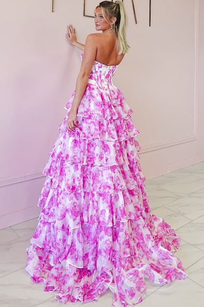 Pink Floral Printed Ruffle Tiered Long Prom Dresses with Slit DM25031904