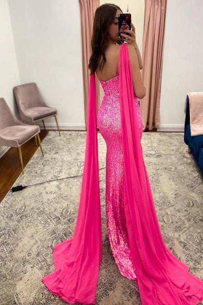 V-Neck Mermaid Sparkly Hot Pink Sequins Long Prom Dress with Slit MD100308