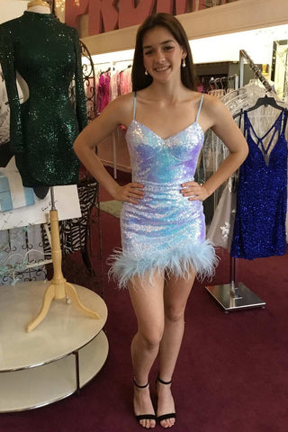 White Iridescent Sequin Straps Feathered Homecoming Dress MD092105