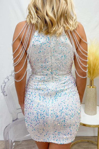 White Iridescent Sequin Halter Homecoming Dress with Fringes MD092101