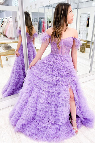Lilac Off the Shoulder Ruffle Tiered Tulle Prom Dress with Beading MD4051104