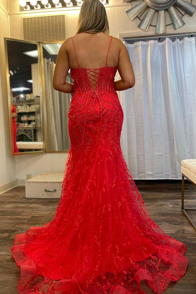 Red V Neck Tulle Lace Mermaid Long Prom Dresses MD4011904