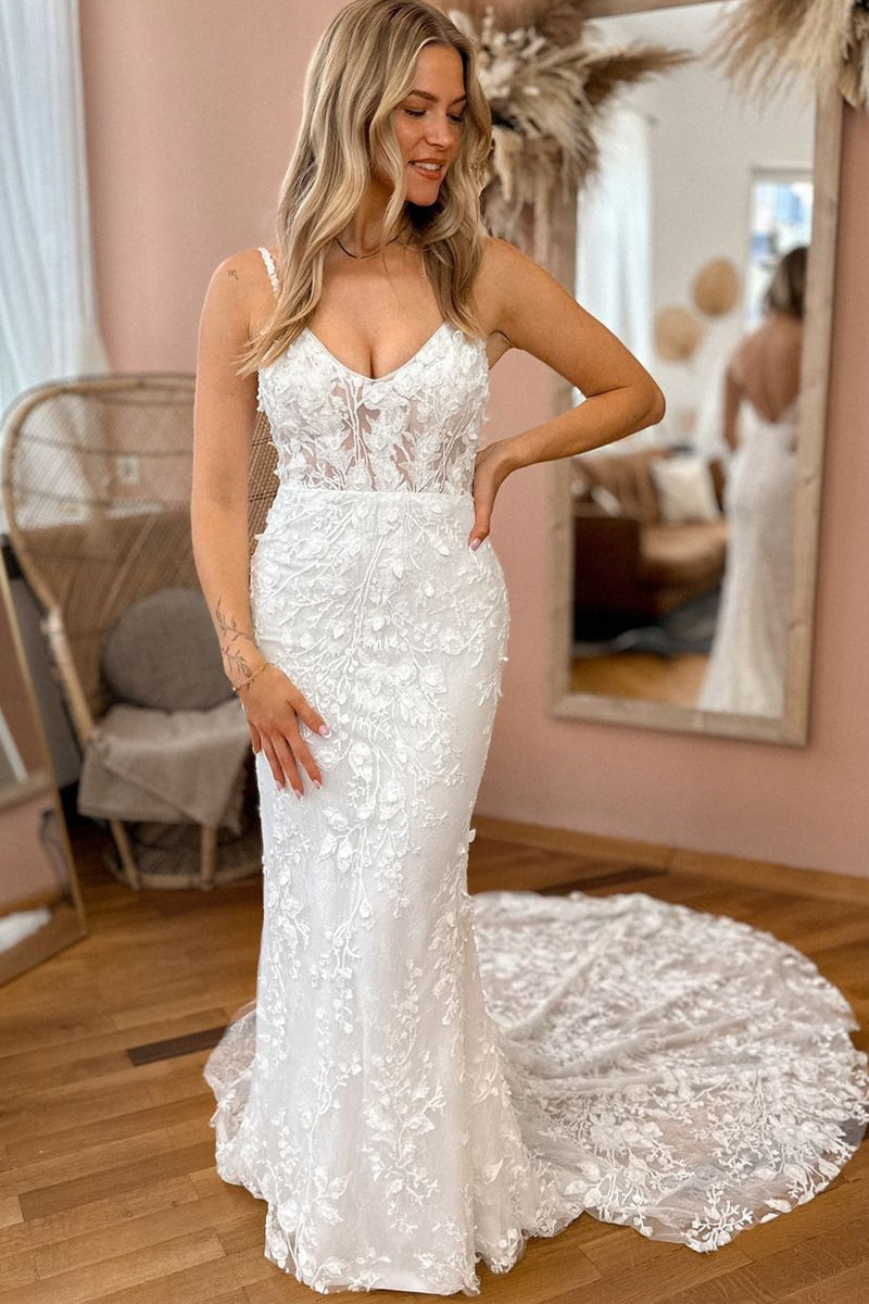 Modest Mermaid V Neck Lace Appliques Wedding Dresses DM24070701 – Dressmeet