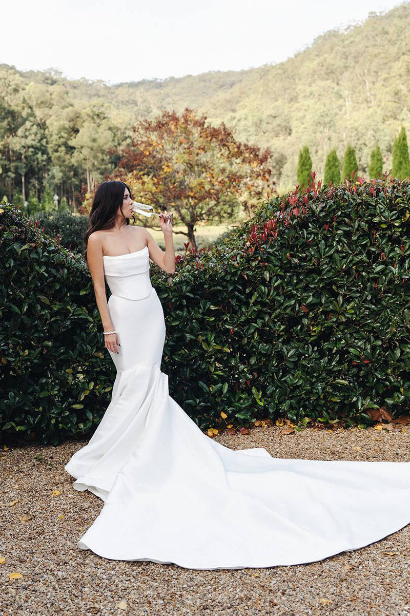 Simple Mermaid Strapless White Satin Wedding Dress with Train DM407070