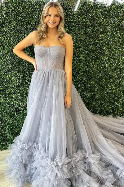 Periwinkle Tulle Strapless Tiered Ball Gown with Ruffles MD092703