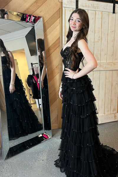 Black Sweetheart Tulle A-Line Long Prom Dress with Appliques MD4011001