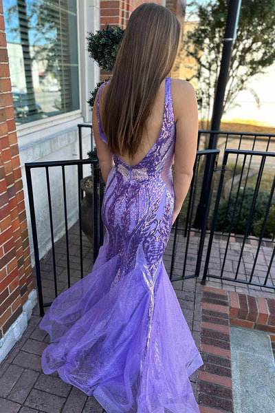 Purple Sequin Lace V Neck Mermaid Long Prom Dresses MD112106