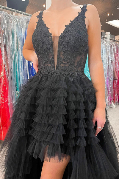High-Low Tulle Plunge V Tiered Formal Gown with Ruffles MD103005