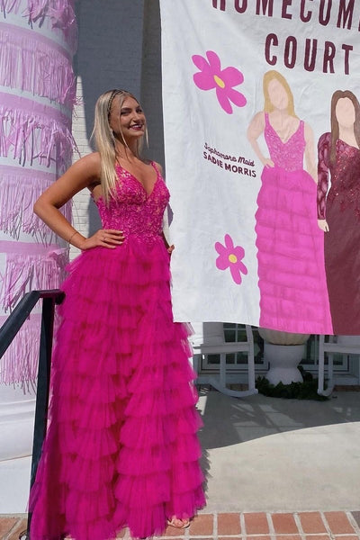 Fuchsia Tulle V Neck A-Line Long Prom Dress with Appliques MD112408