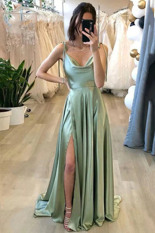 A Line Spaghetti Straps Light Green Long Prom Dress with Silt MD092301