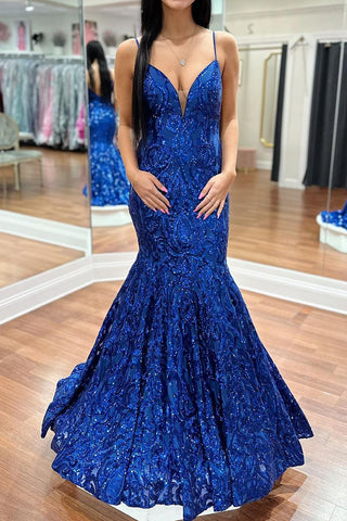 V Neck Royal Blue Sequins Lace Mermaid Long Prom Dress MD4040304