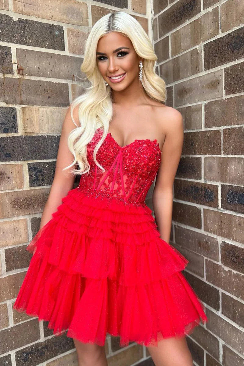 A-Line Strapless Red Tiered Tulle Short Homecoming Dresses with Appliq A-Line Strapless Red Tiered Tulle Short Homecoming Dresses with Appliq