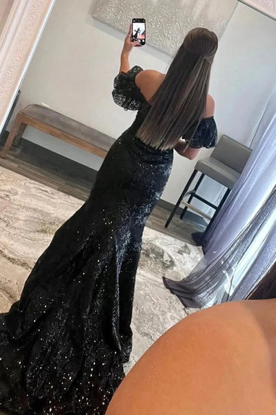 Sparkly Black Sequin Off the Shoulder Long Prom Dress MD110603