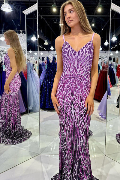 Unique Sparkly Mermaid V Neck Purple Sequins Long Prom Dress MD101707