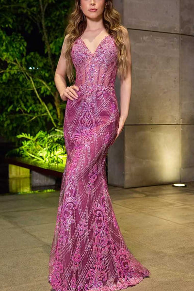 Stunning Purple V Neck Spaghetti Straps Appliques Mermaid Long Prom Dress DM25102801