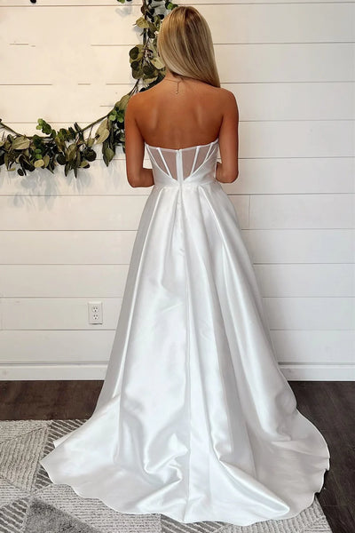 Simple A Line Straps Satin Long Wedding Dresses with Slit DM24101908