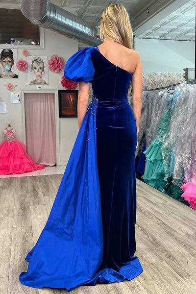 Royal Blue Velvet One-Shoulder Long Formal Dress with Attached Train MD112008
