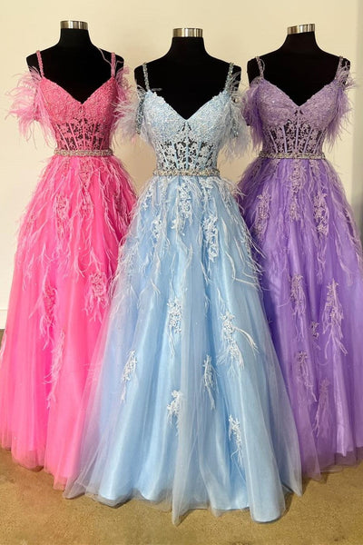 Light Blue Feathers Cold-Shoulder Long Formal Dress MD103009