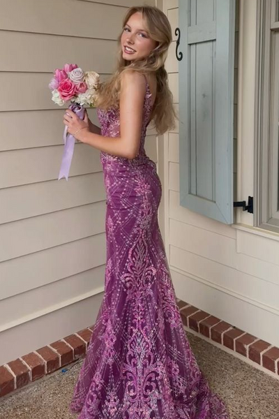 Stunning Purple V Neck Spaghetti Straps Appliques Mermaid Long Prom Dress DM25102801
