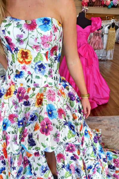 Charming A-Line Strapless Floral Embroidery Ruffle Tiered Long Prom Dresses DM25102206