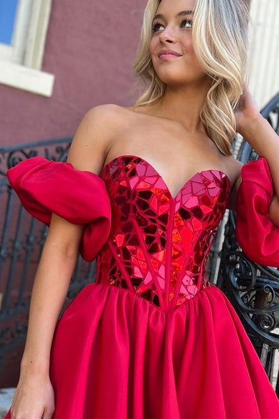 Cute A Line Sweetheart Red Satin Short Homecoming Dresses with Beading MD0802808