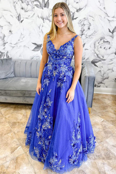 Periwinkle V-Neck Floral Embroidery A-Line Long Prom Dress MD112702