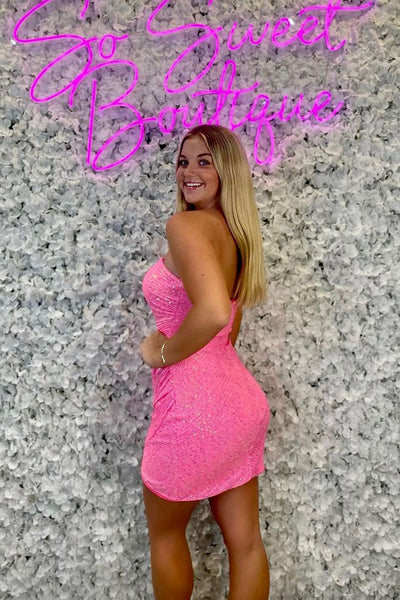 Cute Bodycon Strapless Hot Pink Sequins Tight Homecoming Dresses MD0902203