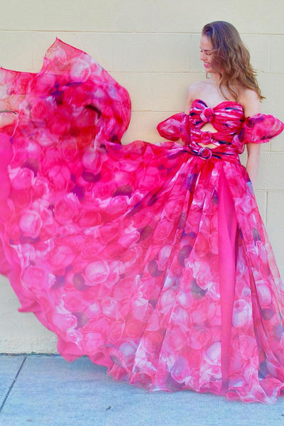 Floral Printed Strapless Long Prom Dress with Pockets MD4051505