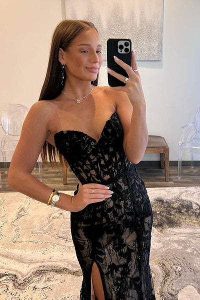 Charming Mermaid Sweetheart Black Lace Long Prom Dress with Slit DM3083108
