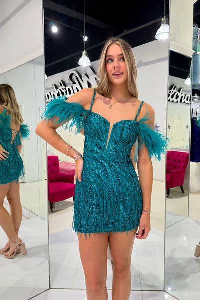 Bodycon Cold Shoulder Peacock Blue Sequins Homecoming Dresses with Feather DM24081020
