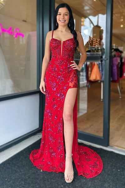 Stylish Mermaid Spaghetti Straps Red Corset Prom Dress with Split Front MD123106