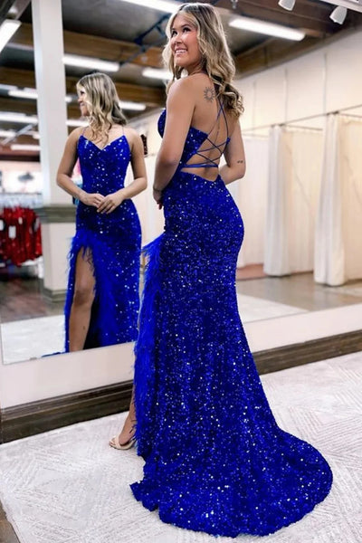 Sparkly Royal Blue Sequins Long Mermaid Prom Dress with Feathers MD092308