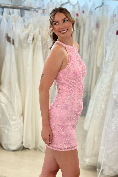 Beautiful Pink Sleeveless Halter Backless Homecoming Dress With Lace MD092202