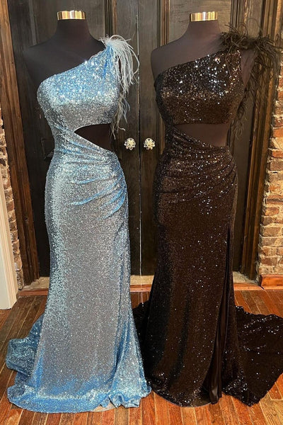 Blush Pink Sequin One-Shoulder Cutout Feathers Mermaid Long Prom Dress MD121204