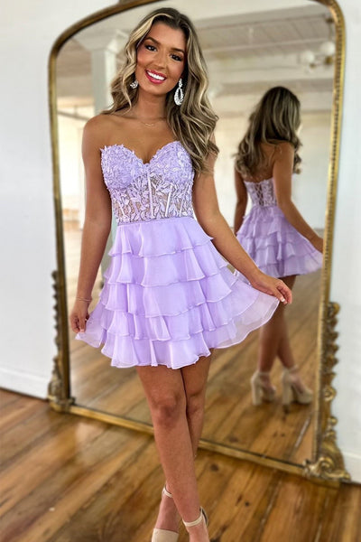 Cute Bodycon Sweetheart Chiffon Tiered Short Homecoming Dresses with Appliques MD4052801